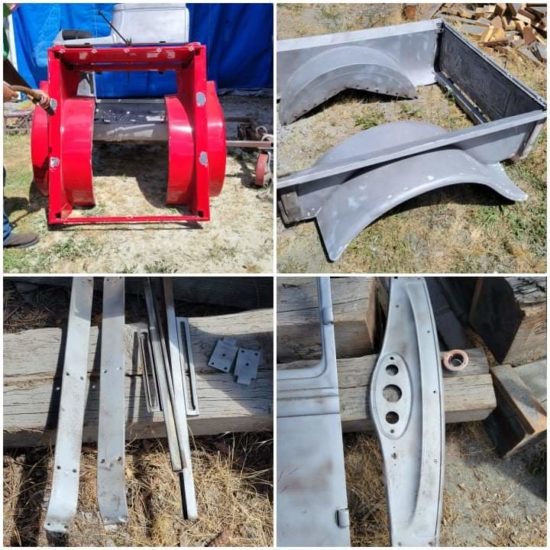 Truck bed, fenders and parts stripped to bare metal