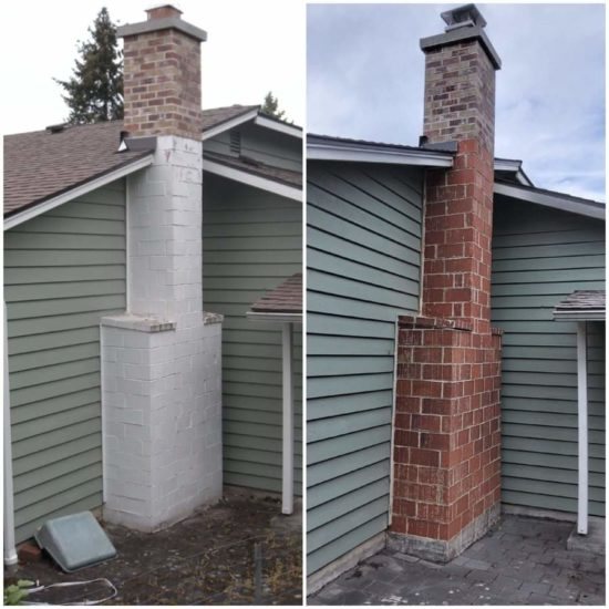 Painted brick chimney stripped back to red brick