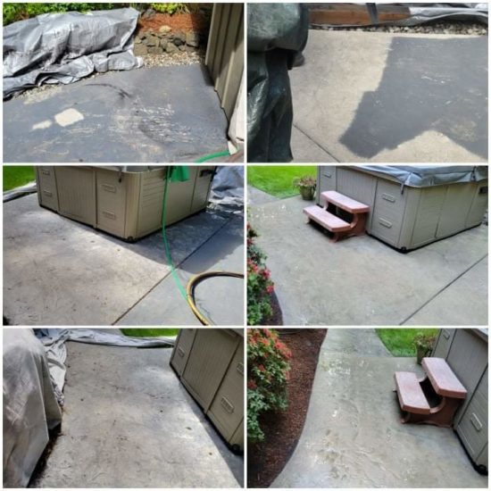 Patio around a hot tub cleaned